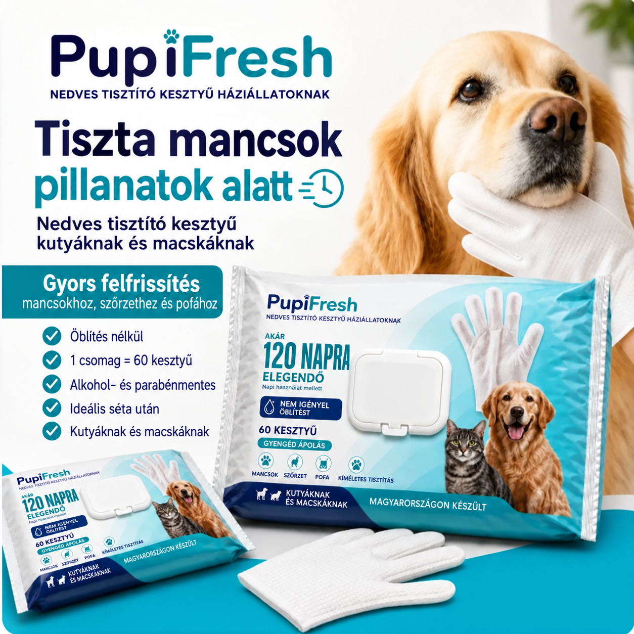 PupiFresh nedves tisztítókesztyű kutyáknak és macskáknak