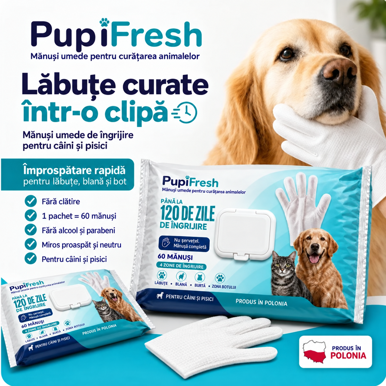 Mănuși umede de curățare PupiFresh pentru câini și pisici