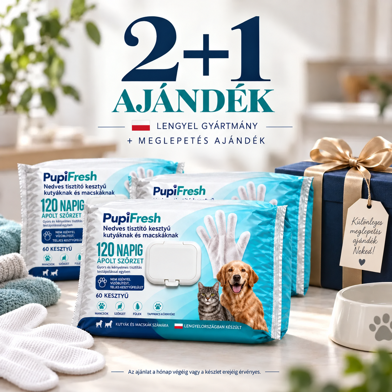 PupiFresh nedves tisztítókesztyű kutyáknak és macskáknak