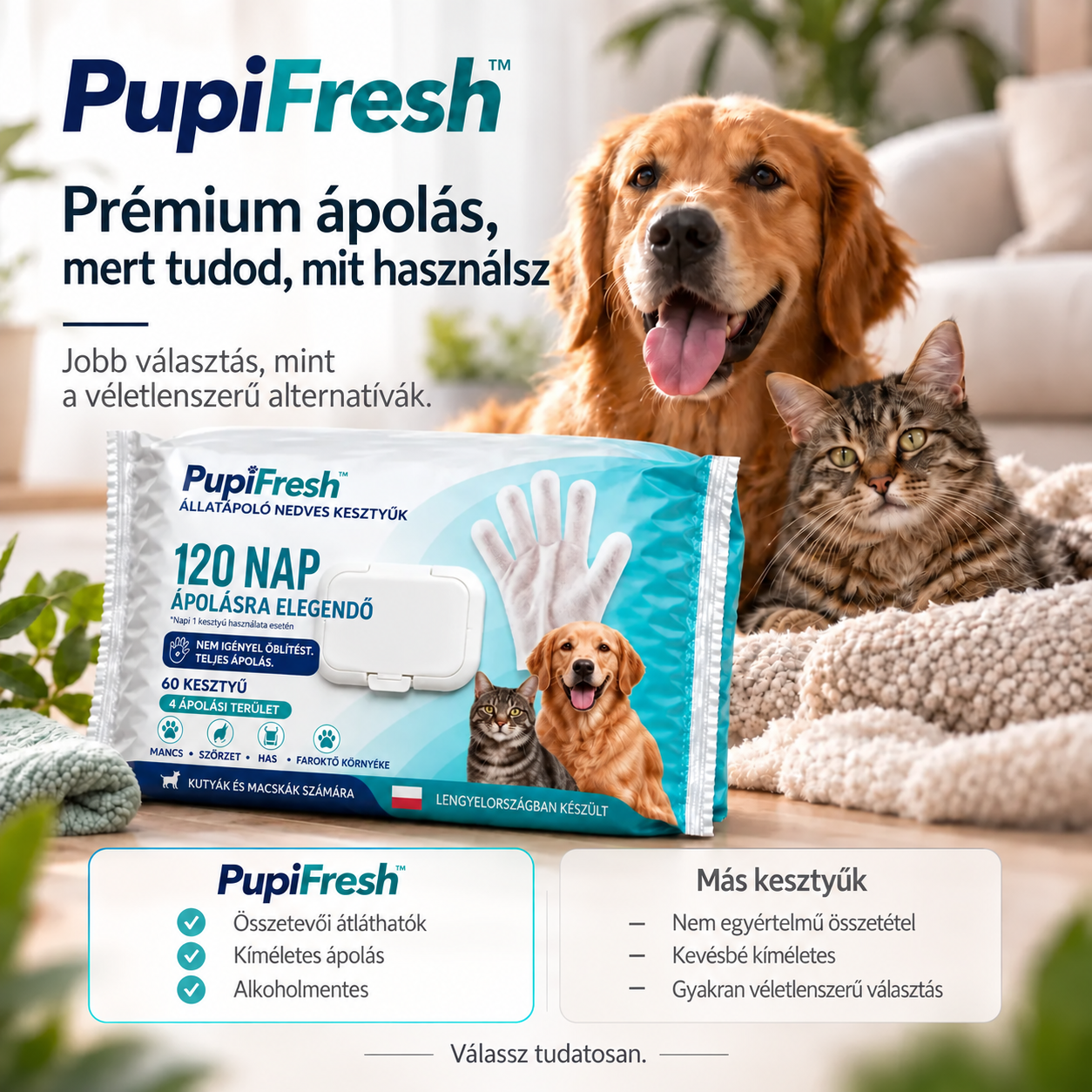 PupiFresh nedves tisztítókesztyű kutyáknak és macskáknak