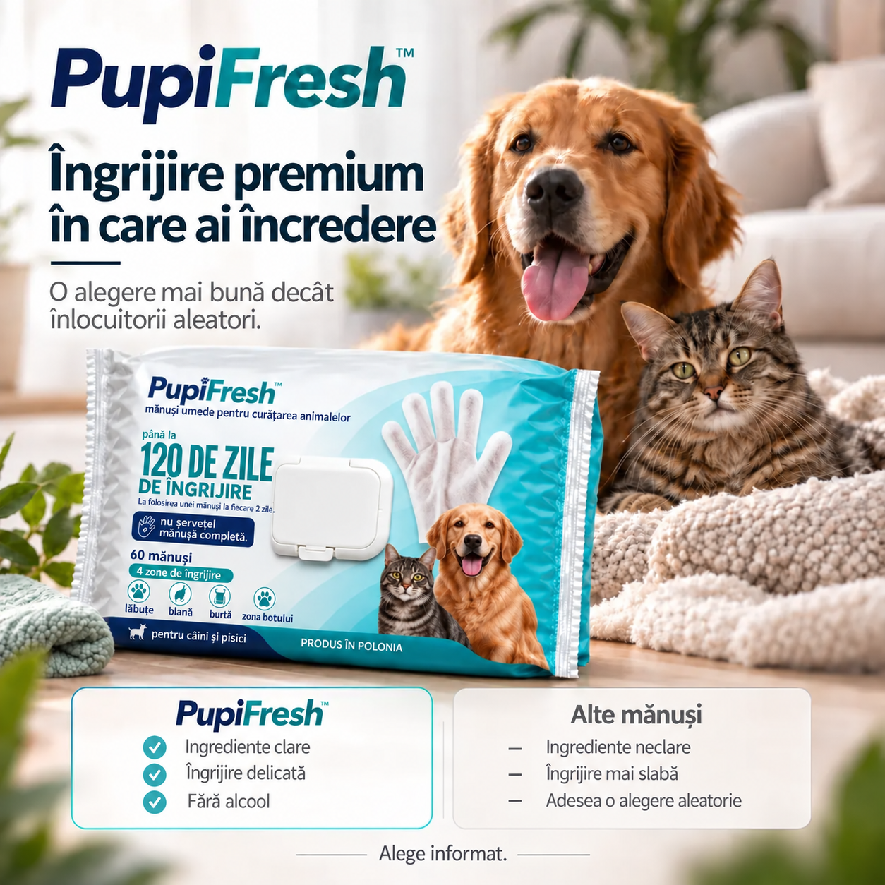Mănuși umede de curățare PupiFresh pentru câini și pisici