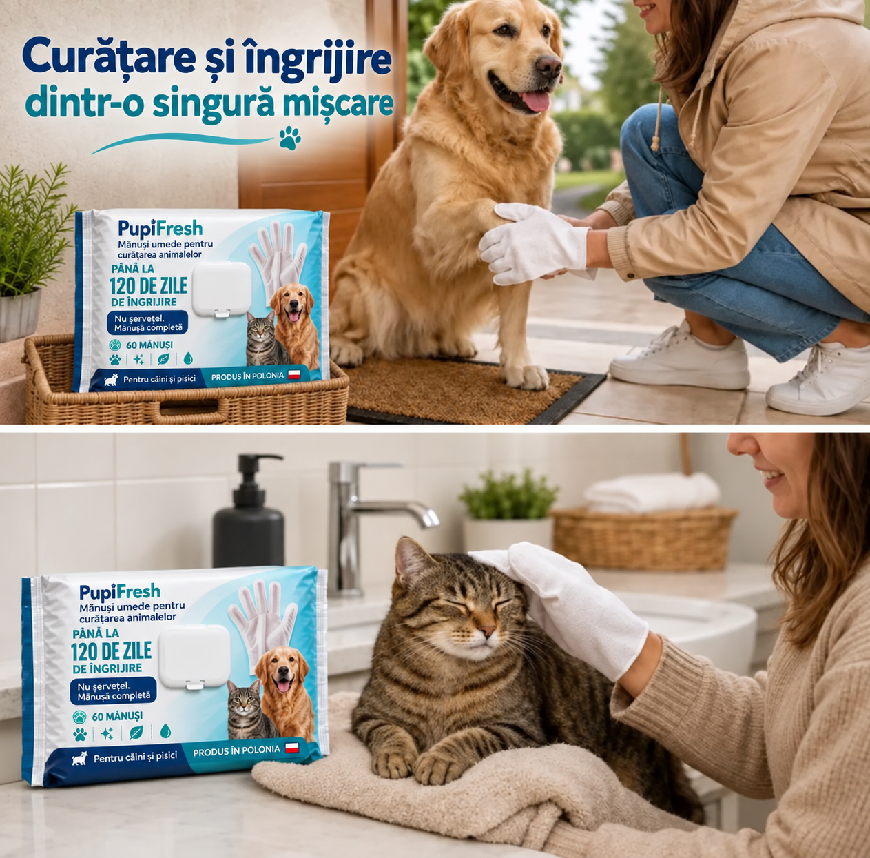 Mănuși umede de curățare PupiFresh pentru câini și pisici